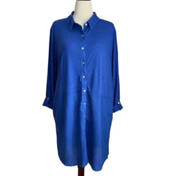 Tahari Royal Blue Linen-Blend Shirt Dress Coverup Shell Buttons Size Medium - Picture 1 of 13